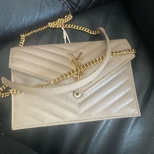 Yves Saint Laurent Taupe Quilted Leather Clutch with Gold Chain